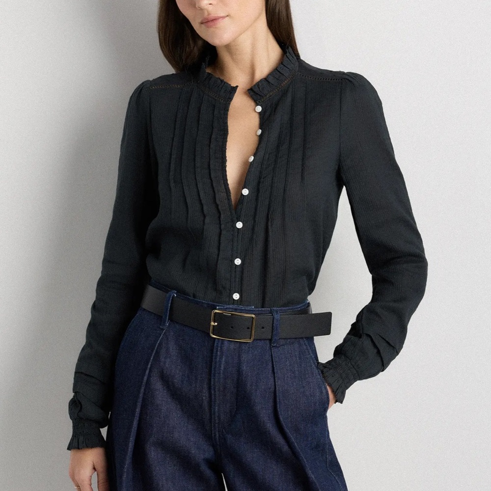 Quince Charcoal Pintuck Button-Down Cottagecore Blouse Ruffle Trim Cotton Sz Med - Picture 2 of 12
